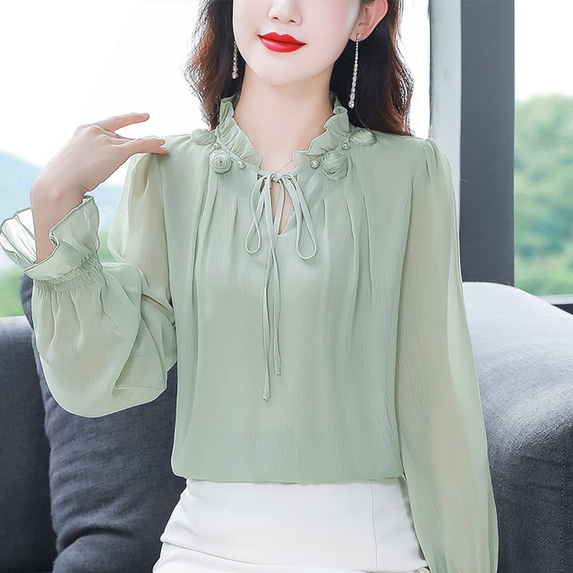 Chiffon shirt women's long-sleeved 2023 spring and autumn new loose-fitting belly-covering beautiful foreign-style shirt high-end top