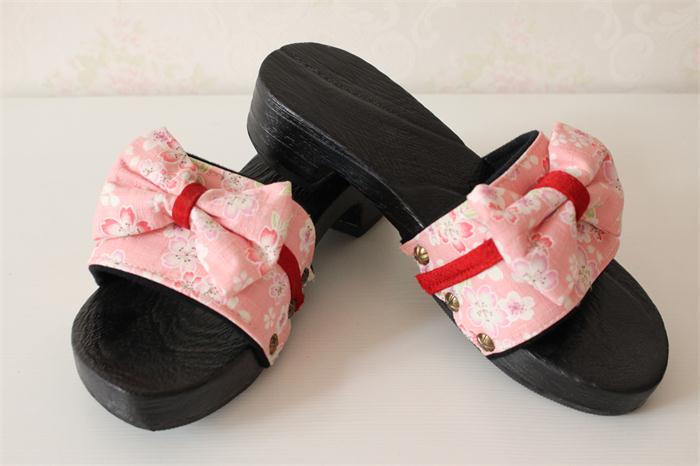Women's Japanese Bow-Knot Clogs, Wooden Slippers, Kimono Yukata Versatile Home Chinese Style Low-Heeled Slippers