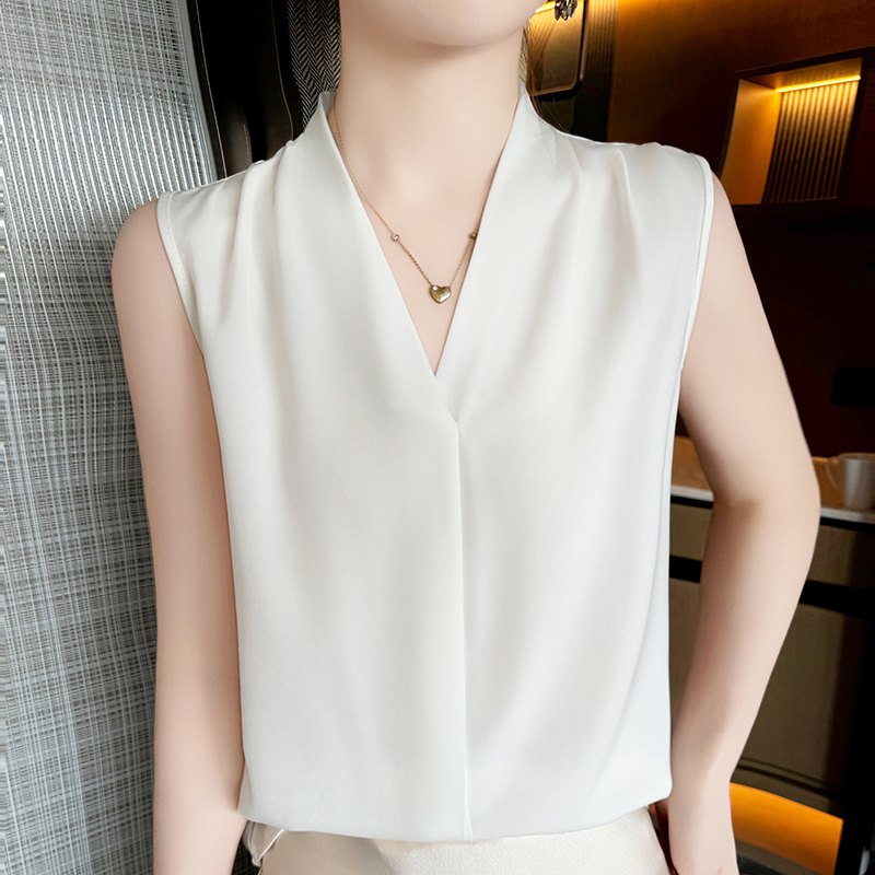 Summer New Style Acetate Satin Sleeveless Vest for Women, Short-Sleeved T-Shirt, Base Layer Shirt, Suit Shirt, V-Neck, Elegant