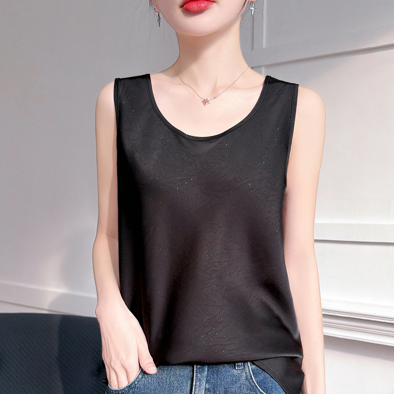 Silk Acetate Satin Camisole for Women, Summer Round Neck Loose-Fitting Top for Layering under a Blazer, Sequined Black Base Layer