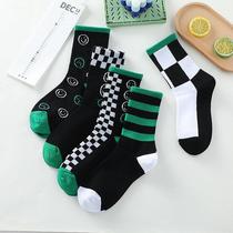 New Spring Green Chessboard Lattice Long Drum Socks Pure Cotton Socks Smiling Face Day Department Sweat and breathable fashion trends