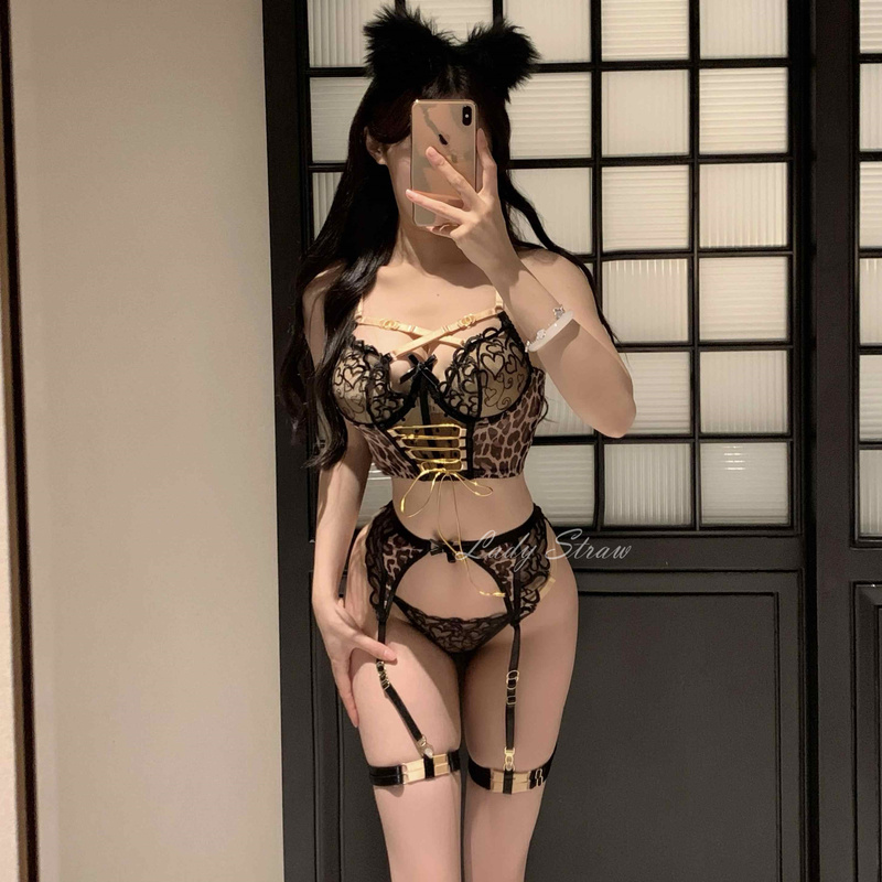 Leopard Goddess European and American Sexy Mesh See-Through Leopard Print Hot Girl Bra Embroidered Heart Fashion Lingerie Set Leopard Goddess European and American Sexy Mesh See-Through Leopard Print Hot Girl Bra Embroidered Heart Fashion Lingerie Set