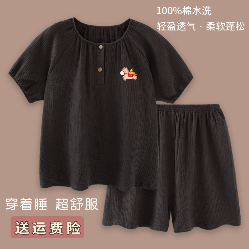 Simple Carbon Gray Class a Pure Cotton Seersucker Short-Sleeved Pajamas for Women, Round Neck, Loose-Fitting Loungewear Set, Skin-Friendly for Summer Simple Carbon Gray Class a Pure Cotton Seersucker Short-Sleeved Pajamas for Women, Round Neck, Loose-Fitting Loungewear Set, Skin-Friendly for Summer
