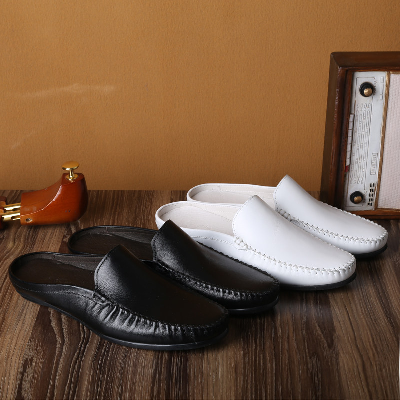 Summer Men's Casual Leather Slippers British Trend Baotou Half Slippers Men's Slip-On Peas Slippers Loafers - Taobao