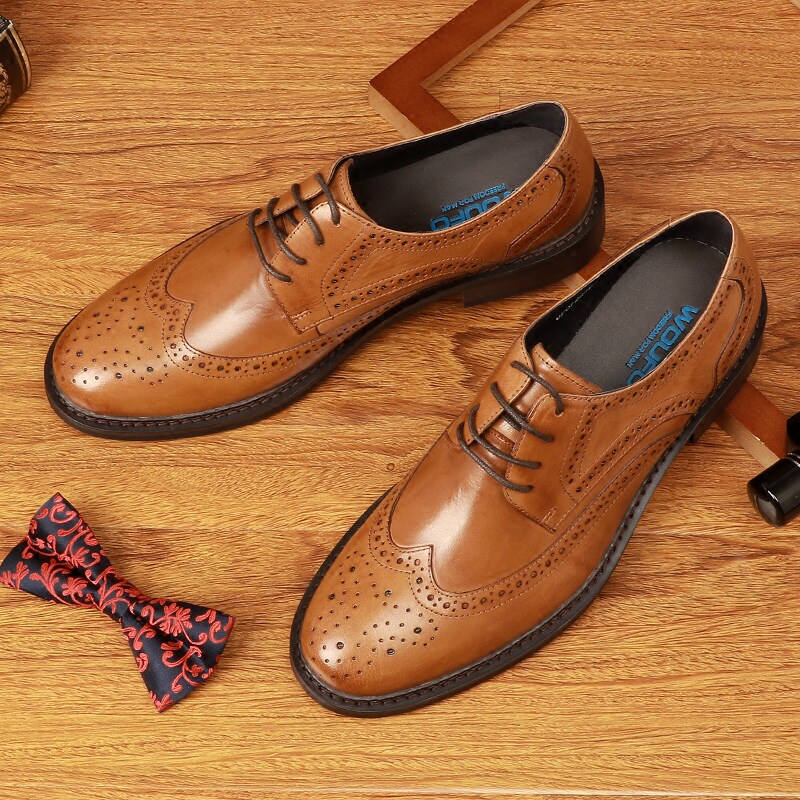 Brock Carved Men's Business Casual Leather Shoes Genuine Leather Thick Bottom British Lace Up Round Toe Breathable Trendy Men's Shoes