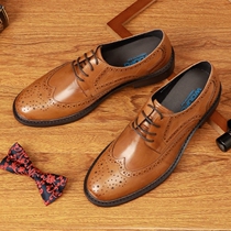 Bullock carved mens business casual leather shoes leather thick bottom British lace round head breathable trend mens shoes