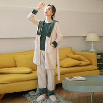 Yituna Navy fresh moon clothes cotton postpartum breastfeeding autumn and winter coral velvet three-piece Winter pregnant pajamas