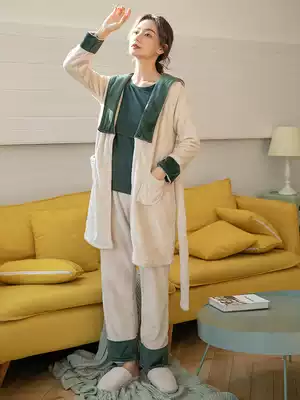 Yitengna navy fresh confinement clothes pure cotton postpartum breastfeeding autumn and winter coral velvet three-piece winter pregnant women pajamas