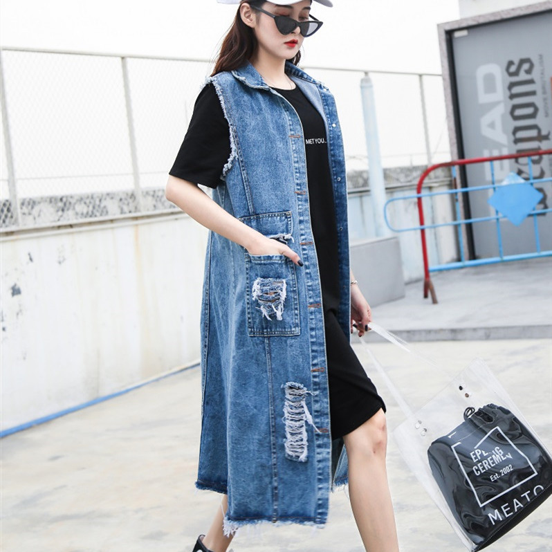 pphome mùa xuân váy dài vừa denim vest phụ nữ châu Âu và phụ nữ Mỹ kéo dài over-the-đầu gối vest dòng áo khoác inge