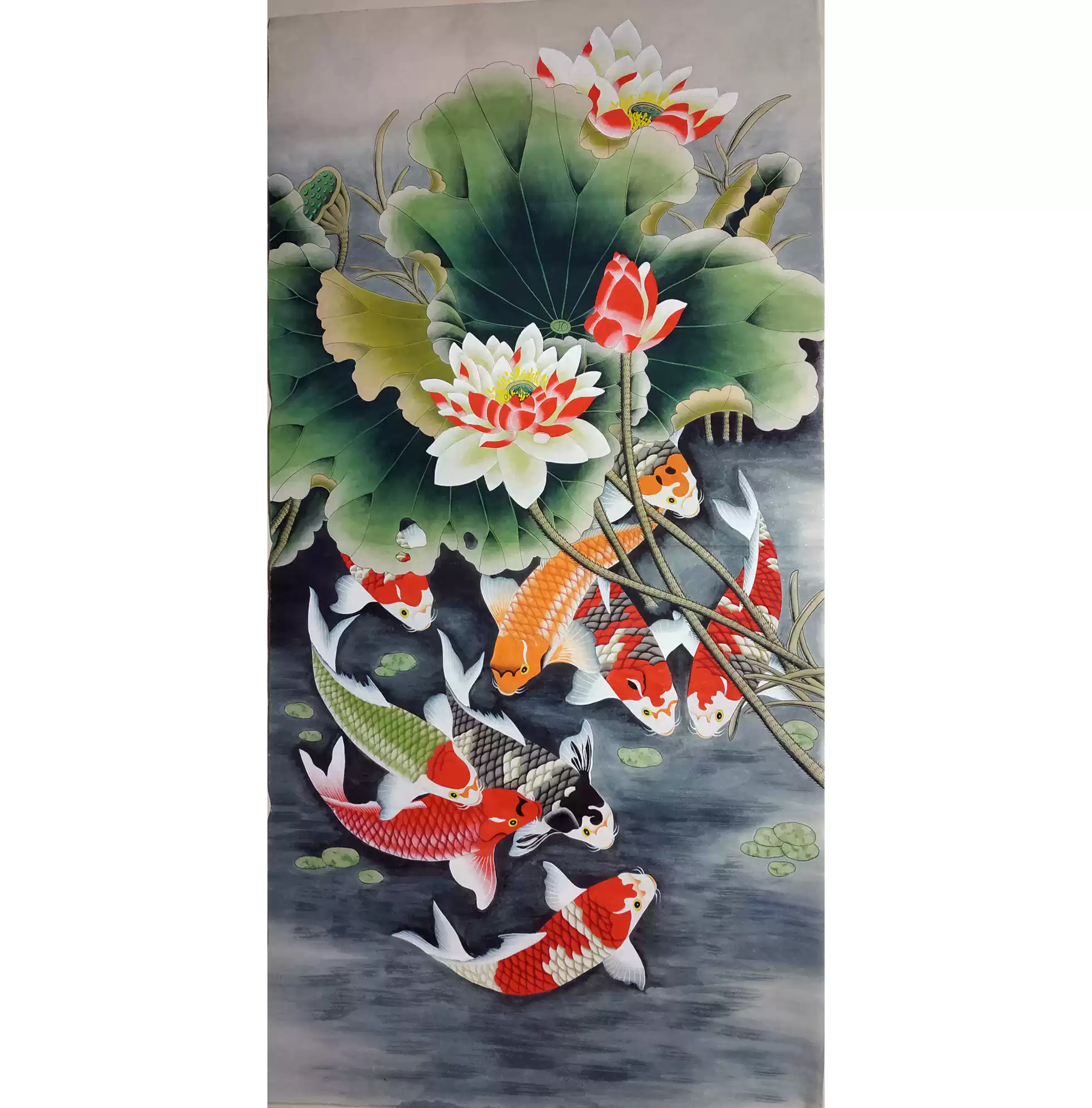純手繪四尺豎副客廳工筆花鳥荷花鯉魚錦鯉九魚圖名人