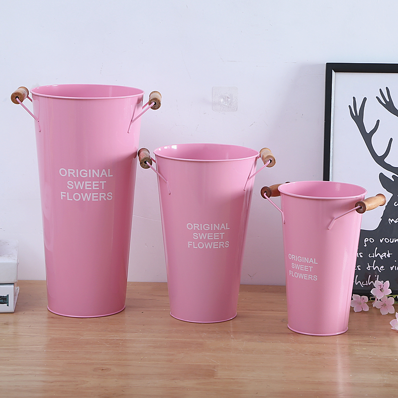 Pink tin flower barrel European style home decoration flower arrangement bucket flower shop bubble flower bucket floor wake up flower bucket waterproof