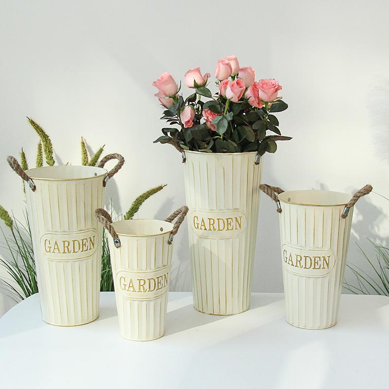 Retro white sheet metal flower barrel living room decorated dry flower barrel big number home waking flower barrel flower shop with flowers bubbling buckets-Taobao
