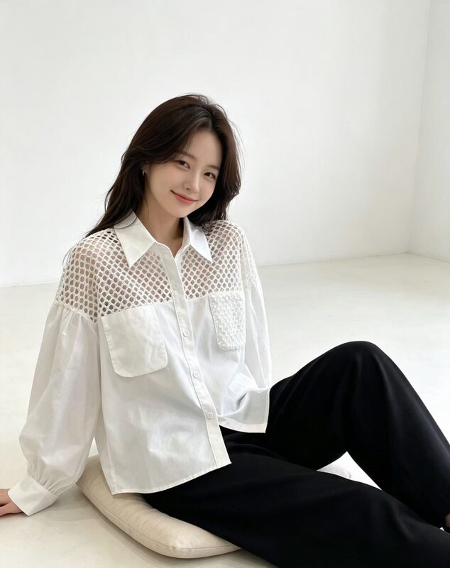 2026 Summer Korean Style Hollow Fishnet Patchwork Shirt for Women with Mesh on the Shoulders, See-Through Turn-Down Collar, Loose Long Sleeve Shirt Trendy 2026 Summer Korean Style Hollow Fishnet Patchwork Shirt for Women with Mesh on the Shoulders, See-Through Turn-Down Collar, Loose Long Sleeve Shirt Trendy