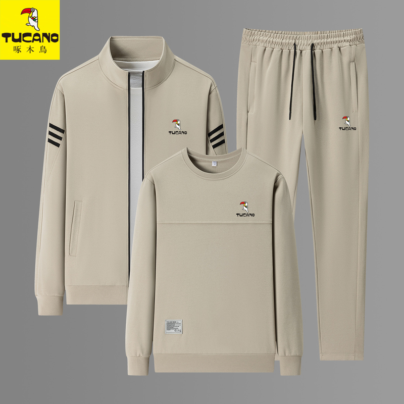 Woodpecker Sports Suit Men's Spring and Autumn Stand-Up Collar Cardigan Casual Jacket Loose Running Suit Sweatshirt Three-Piece Set