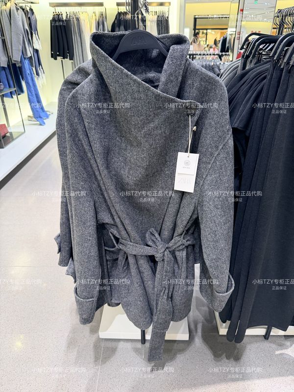 October Zara Domestic Purchasing Agent for Women's Clothing: Stand Collar Mid-Length Coat with Wool Belt 6318318
