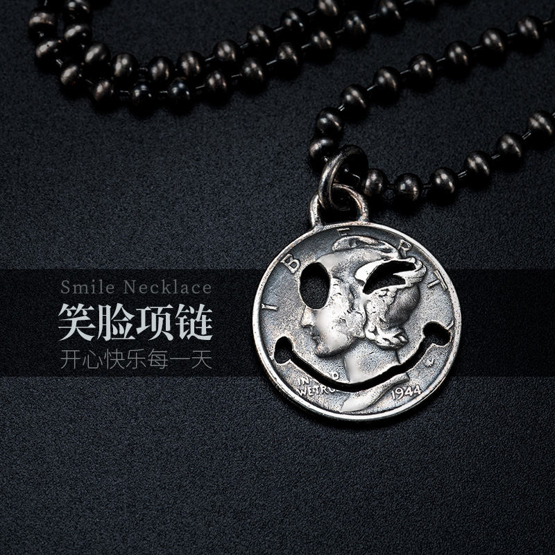 925 Pure Silver Necklace Woman Lock Bone Chain Handmade Diy Morgan Coin Smiley Face Necklace New Net Red Coin Necklace Male Tide