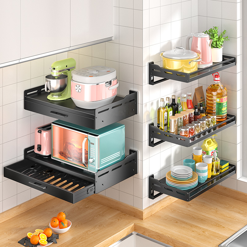 Kitchen microwave rack stainless steel punch-free rice cooker wall-mounted oven wall storage seasoning bracket