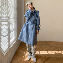 KC home men and womens DU home haze blue leather leather jacket medium and long loose drawstring design sheepskin jacket