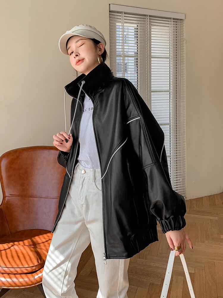 KC's 202 autumn and winter new mid-length straight loose stand-up collar genuine leather leather sports casual color contrast jacket