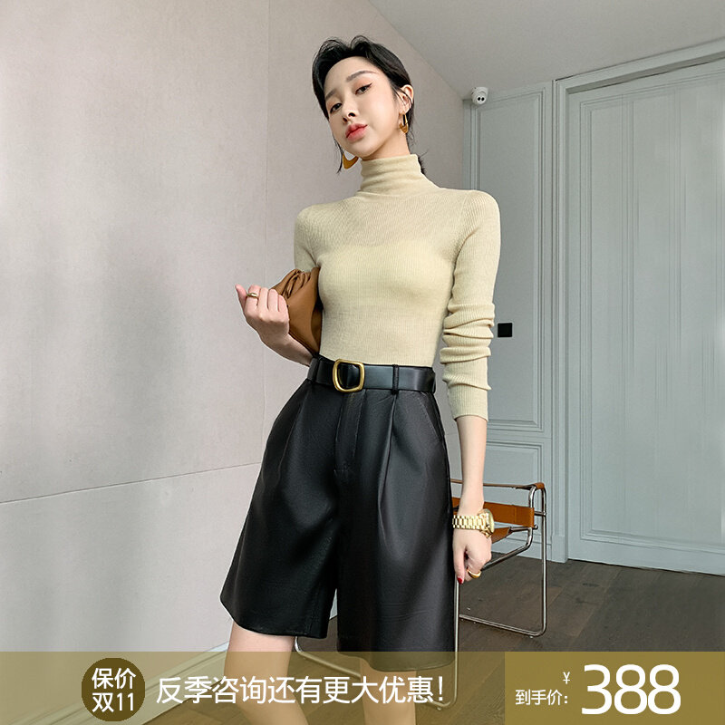 KC Home 2022 Spring New Bermuda Shorts Black Sheep Leather High Waist Straight Drum Pants 50% Leather Pants
