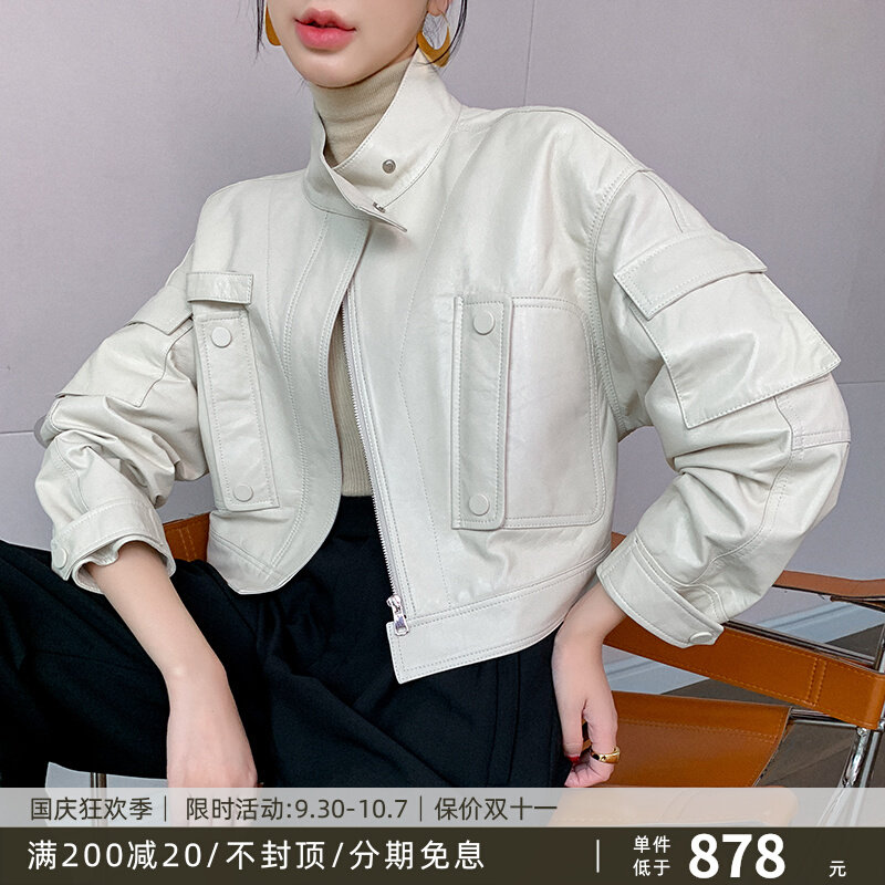 KC home 2022 new imported sheepskin leather jacket women's short stand collar loose jacket tooling small coat