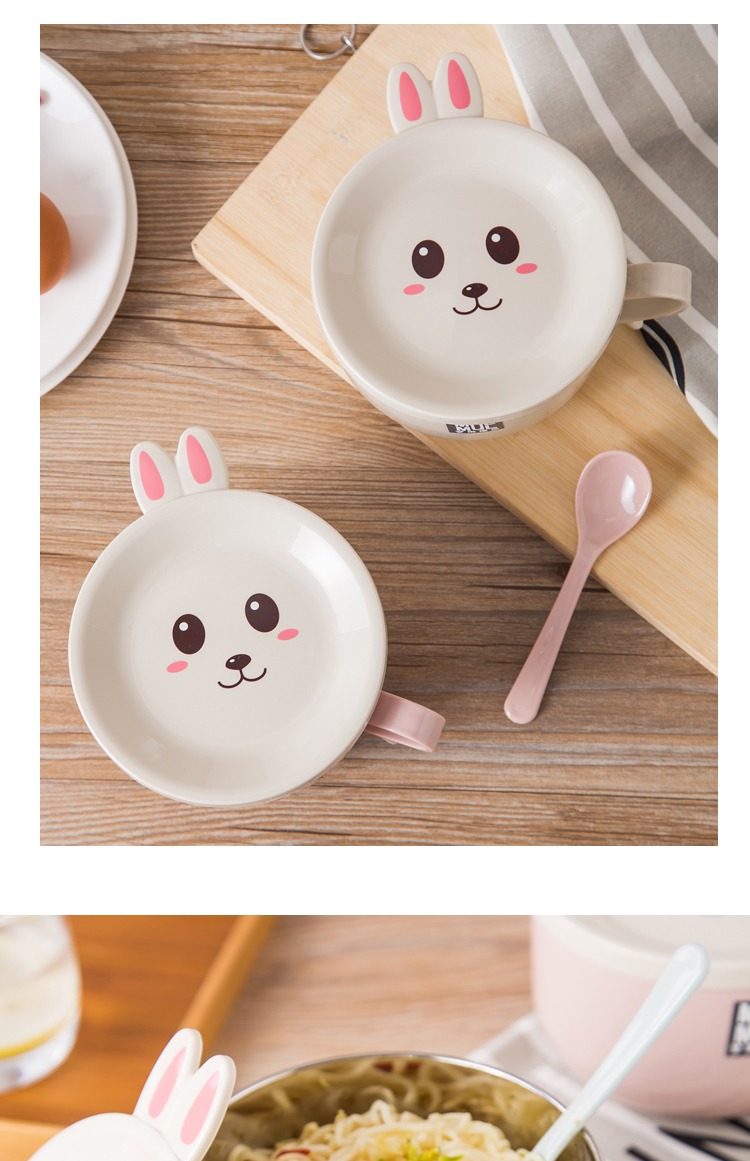 Dễ thương thỏ inox ăn liền bát lớn bát ăn nhà hoạt hình bộ đồ ăn với nắp bát bát lớn bát mì bộ chén dĩa sứ