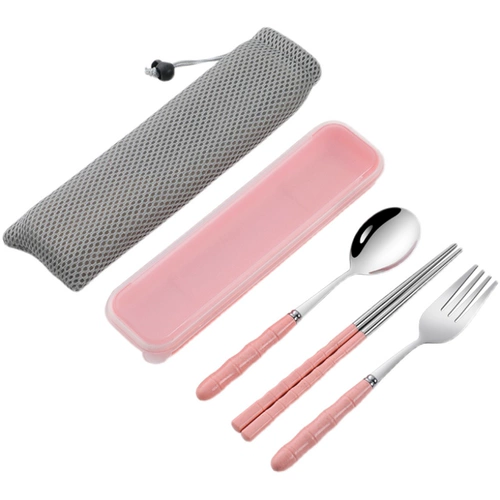 Палочки для еды, ложка, комплект, портативная посуда из нержавеющей стали, вилка для школьников, милая коробка для хранения, 3 предмета