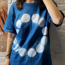 New Original Handmade Ancient Plants Blue Dye T-shirt Geometric Tie Dye Short Sleeve Pure Cotton Unisex Loose DIY Half Sleeve