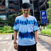 Fashionable new handmade blue dyed grass dyed tie-dyed T-shirt cotton shoulder fake two pieces summer men and women short sleeves