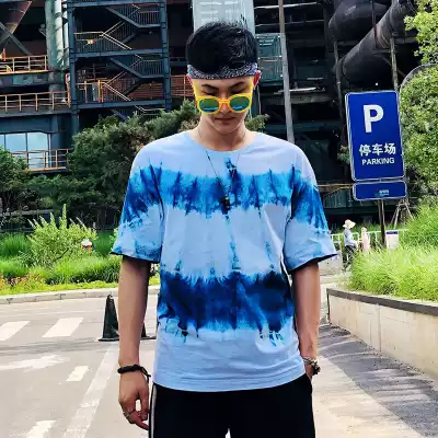 Fashion new handmade blue dyed vegetation dyed tie-dyed T-shirt pure cotton off-the-shoulder fake two-piece summer men's and women's short sleeves