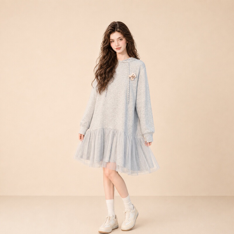 Lum Gray Mesh Patchwork Hooded Dress for Women, Autumn 2026 New Style, Petite Size, Age-Reducing Casual Sweatshirt Dress