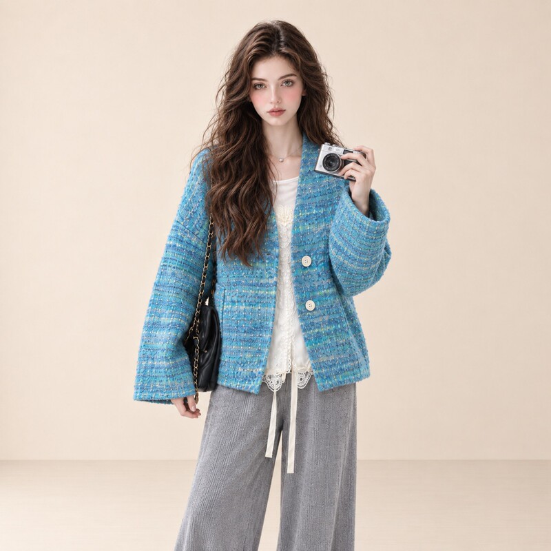 Lum Blue Tweed Short Jacket for Women, New Autumn Style, Very Stylish, High-End, Versatile and Elegant Top