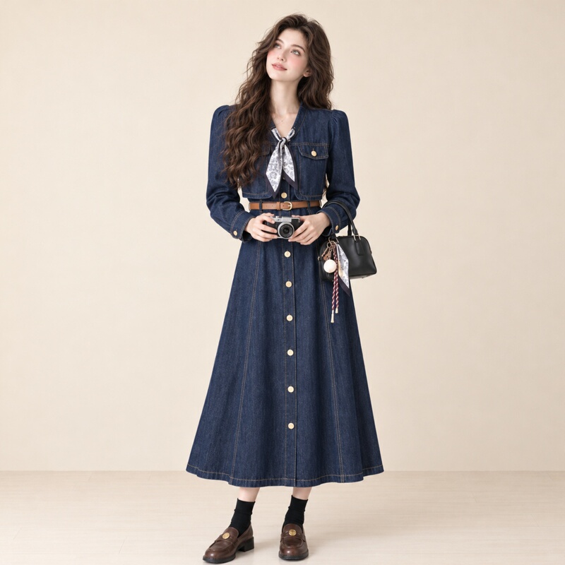 Lum French Retro Silk Scarf Denim Dress for Women, New Autumn Style, Light Mature Style, High-End Feel, Waist-Cinching, Elegant Long Dress Lum French Retro Silk Scarf Denim Dress for Women, New Autumn Style, Light Mature Style, High-End Feel, Waist-Cinching, Elegant Long Dress