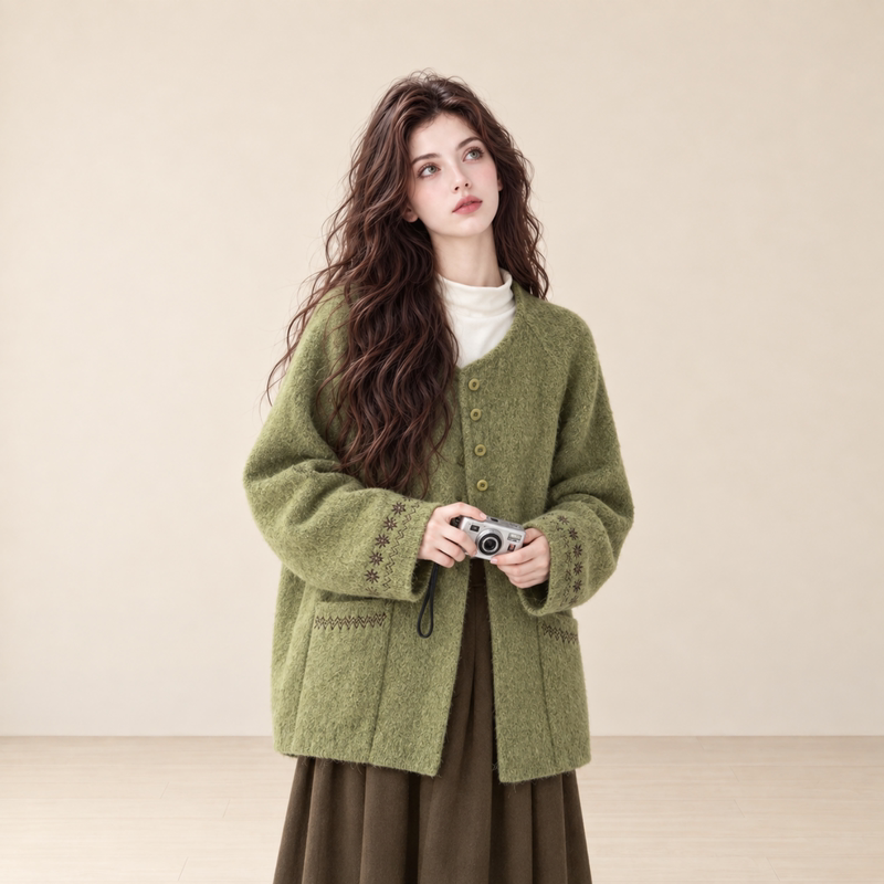 Lum Green Embroidered Double-Sided Wool Coat for Women, New Autumn and Winter Korean Style Loose-Fitting Elegant High-End Woolen Coat