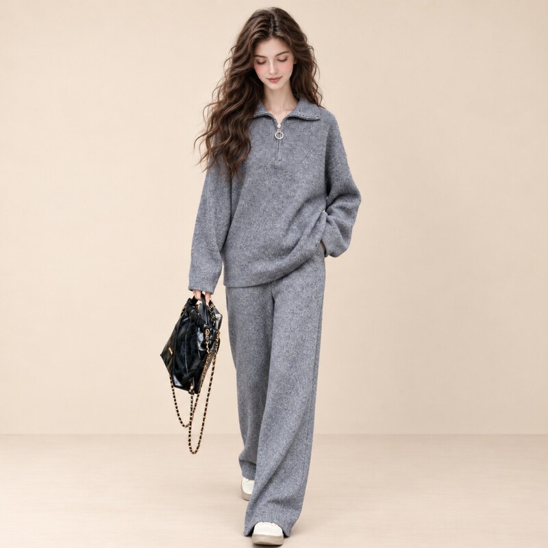 Lum Gray Half-Zip Knit Top and Wide-Leg Pants Set for Women, Autumn Casual Lazy Style, Relaxed Two-Piece Set Lum Gray Half-Zip Knit Top and Wide-Leg Pants Set for Women, Autumn Casual Lazy Style, Relaxed Two-Piece Set