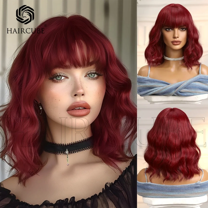 Short Curly Wig with Big Waves, Bobo Style, Shoulder-Length, Red Wig, Neptune Red, 14-Inch, with Bangs, Cross-Border