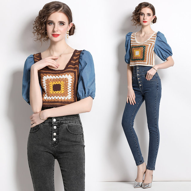 2023 early spring new retro European and American style knitted stitching denim puff sleeves and denim trousers