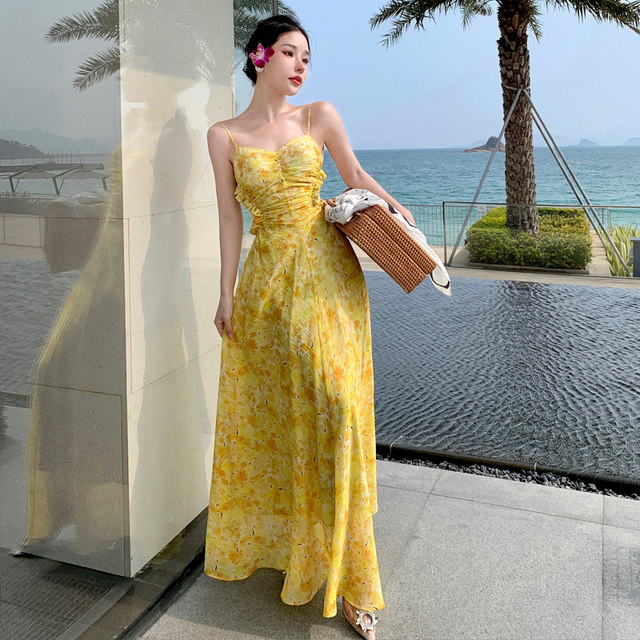 2023 spring and summer new designer original painted color sunset French lemon dress suspenders