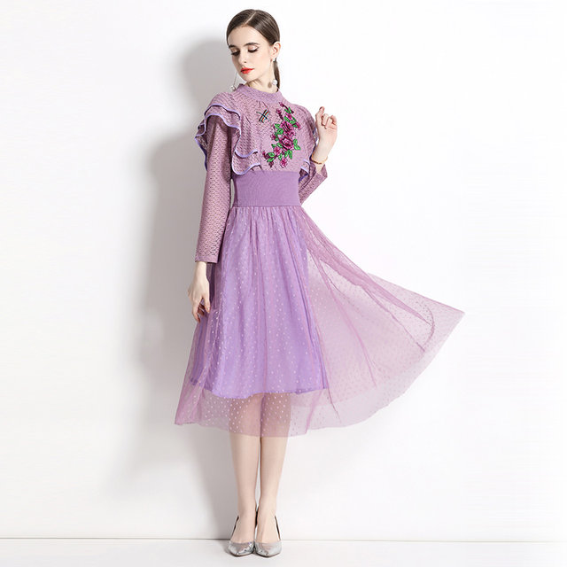 Spring and autumn new half-high collar women's lace three-dimensional flower embroidery Ruili mesh big swing fairy dress