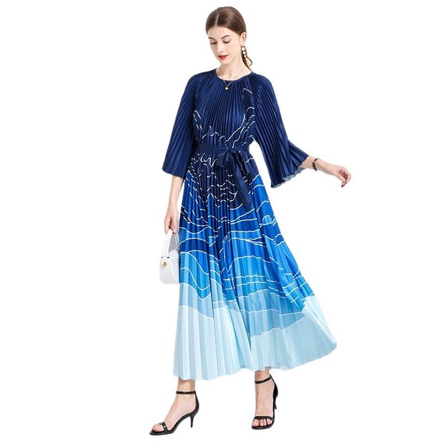 2023 European and American Wave Pattern Dress Large Size Pleated Skirt Temperament Print Loose Lace Long Skirt