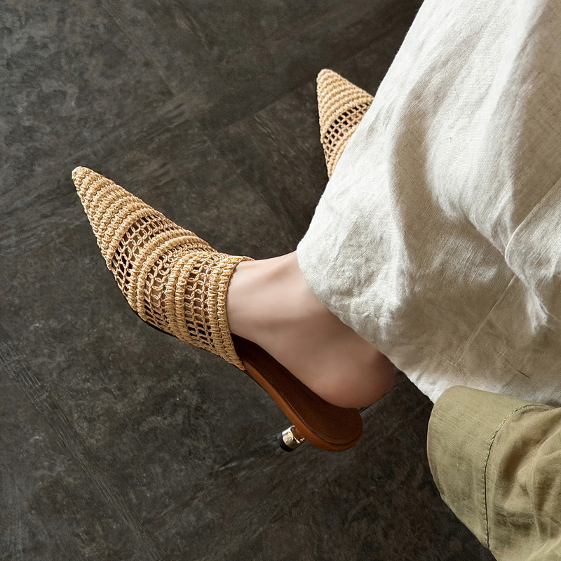 French-Style Woven Pointed-Toe Mules for Women, Summer Outerwear, 2026 New Style, Kitten Heel, Closed-Toe Sandals, Breathable Small High Heels