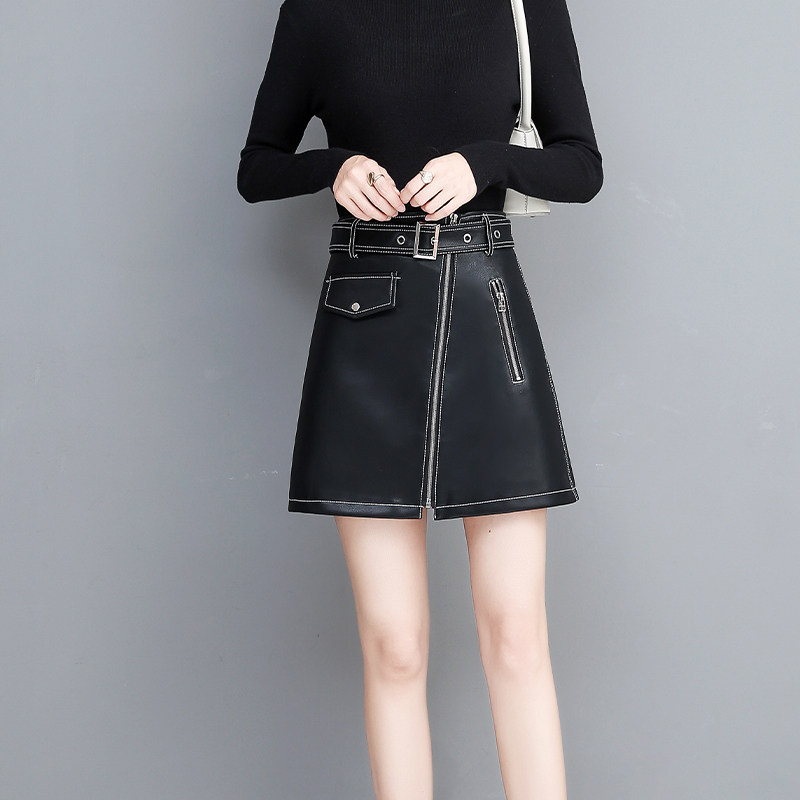 Sheep leather skirt women's fashion all-match bottoming one-step skirt tie skirt high waist slim a-line leather skirt