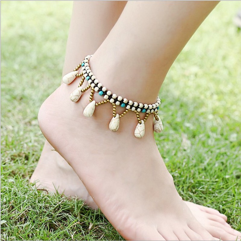 Vòng cổ gió vòng chân nữ phiên bản Hàn Quốc của sinh viên đơn giản đá ngọc lam dệt Bohemian Sen kỳ nghỉ chân trang trí phong cách dân tộc - Vòng chân vòng chân cá chép nữ