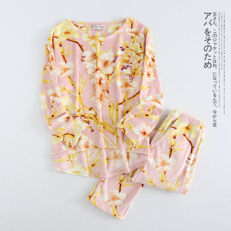 Bộ đồ ngủ nữ mùa thu flannel dày tay dài phù hợp với phiên bản Hàn Quốc ngọt ngào và dễ thương có thể mặc mùa đông trong nhà pijama lụa ngắn