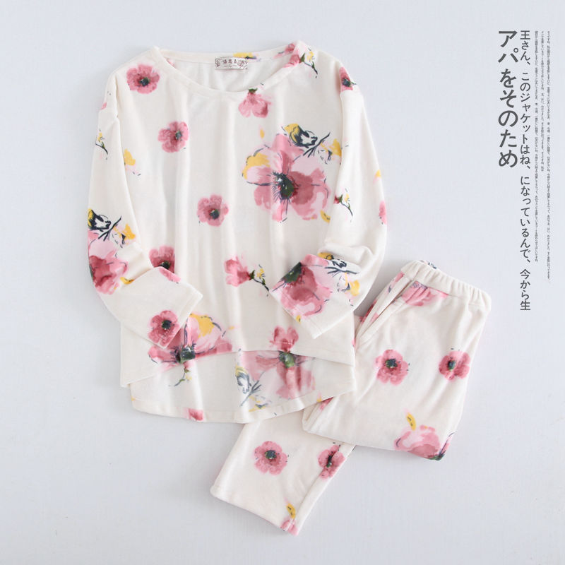Bộ đồ ngủ nữ mùa thu flannel dày tay dài phù hợp với phiên bản Hàn Quốc ngọt ngào và dễ thương có thể mặc mùa đông trong nhà pijama lụa ngắn