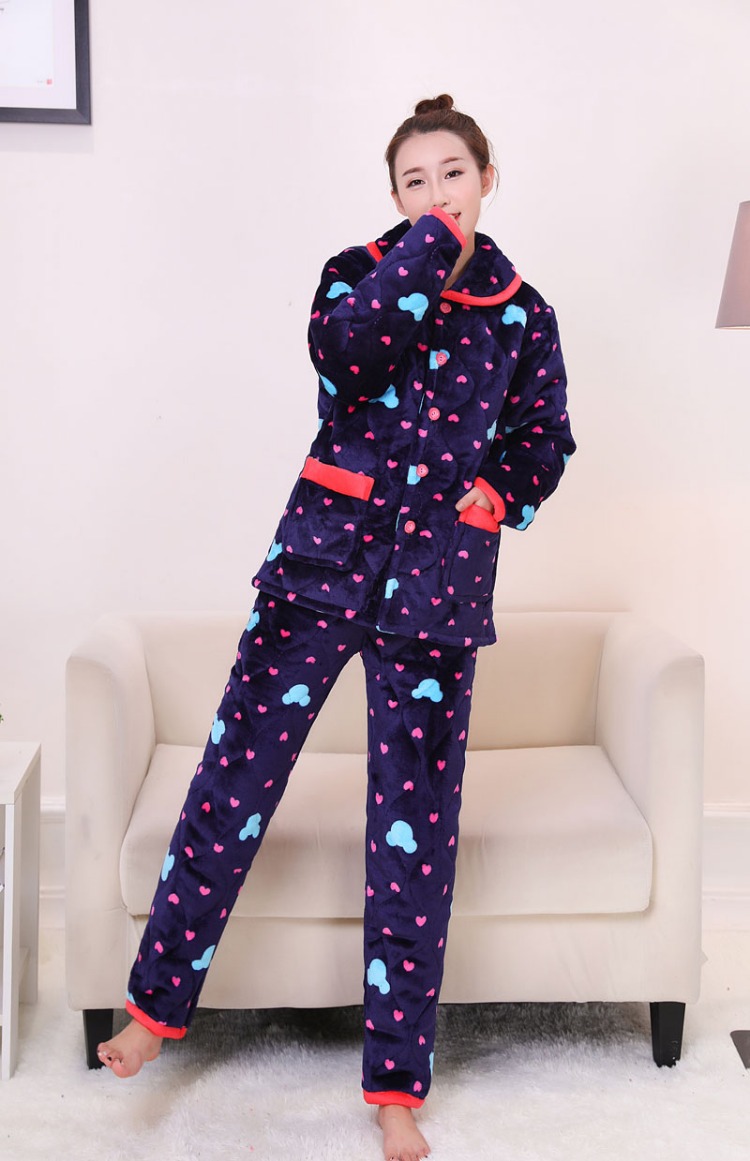 Bộ đồ ngủ có đệm flannel mùa đông được thiết lập Bộ ba lớp cộng với cotton lông cừu san hô dài tay đồ bộ mặc nhà pijama