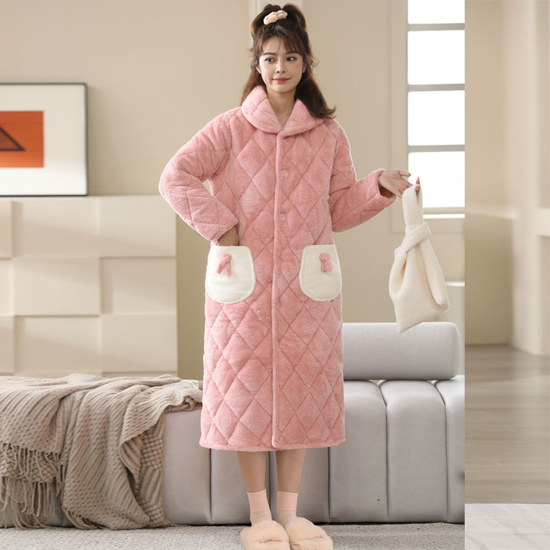 New winter three-tier clip cotton thickened sleeping robe woman Coral Suede Thickened warm home Gwardrobes The wardrobes of the wardrobes can be worn out-Taobao