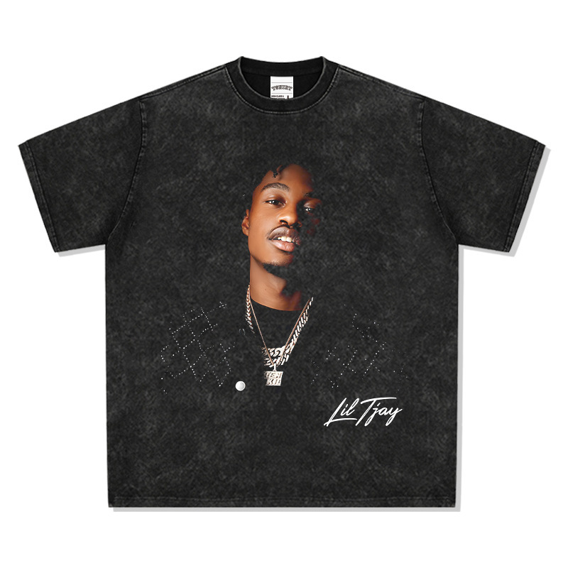 Lil Tjay American Hip-Hop Rapper Character Avatar Printed Right Shoulder T-Shirt Vtg Distressed Short Sleeves