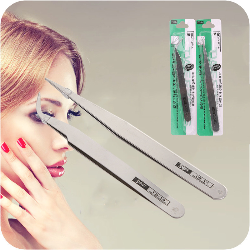 Stainless Steel Straight Head Elbow Tip Tweezers Flat Head Small Tweezers Medecor Tool Mascara Hairy Brow Hair Clip