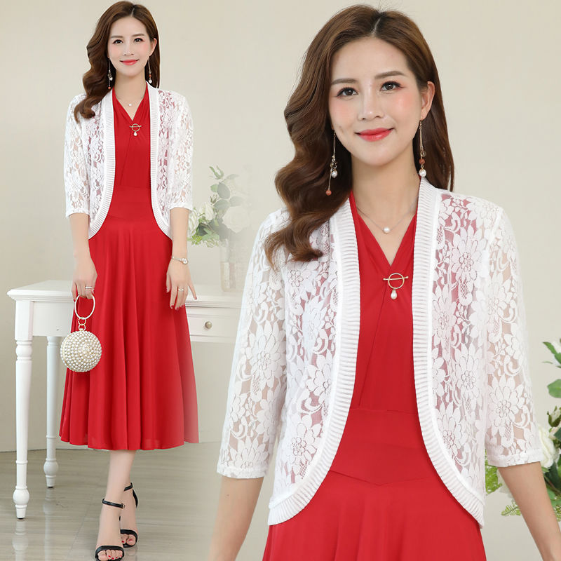 2023 Spring/Summer New Plus Size Women's Lace Shawl Cardigan Thin Jacket Sun Protection Shirt Air Conditioning Shirt Three-Quarter Sleeves